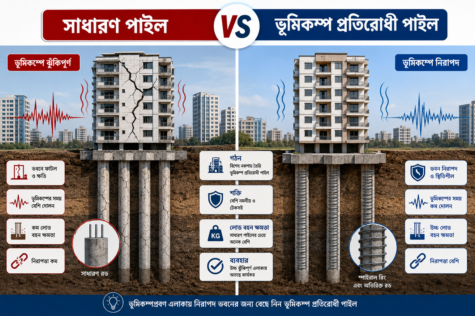 সাধারণ পাইল বনাম ভূমিকম্প প্রতিরোধী পাইল