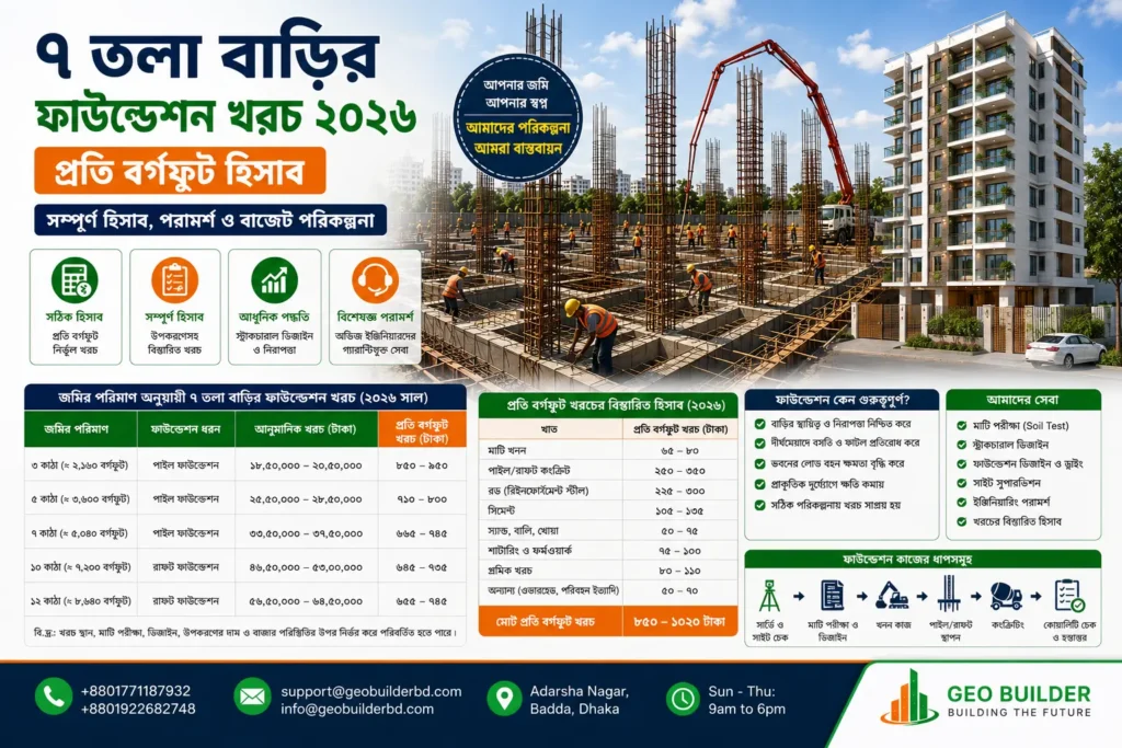 7 তলা বাড়ির ফাউন্ডেশন খরচ ২০২৬, প্রতি বর্গফুট হিসাব